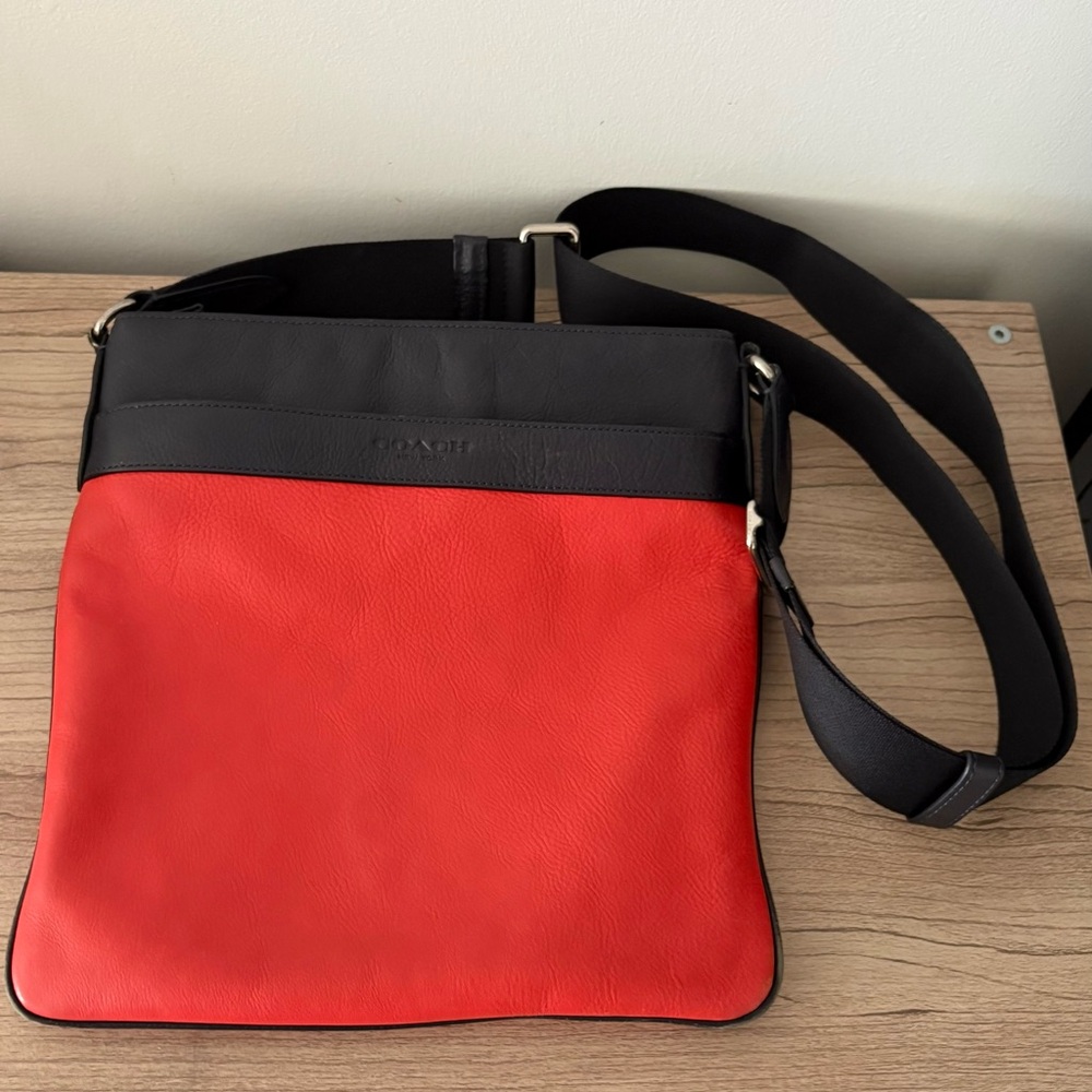 Coach Leather Messenger Bag in Orangey Red and Black